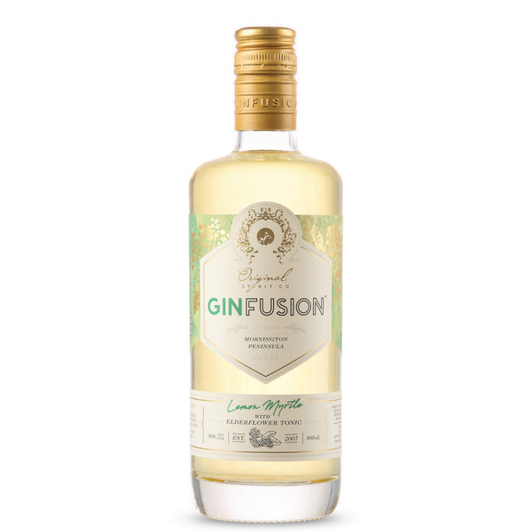 A bottle of GinFusion Lemon Myrtle with Elderflower Tonic with a white studio background.
