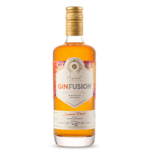 Bottle of Original Spirit Co Summer Peach and Passionfruit GinFusion in a white studio background.