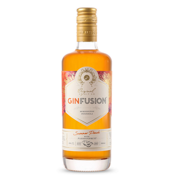 Bottle of Original Spirit Co Summer Peach and Passionfruit GinFusion in a white studio background.
