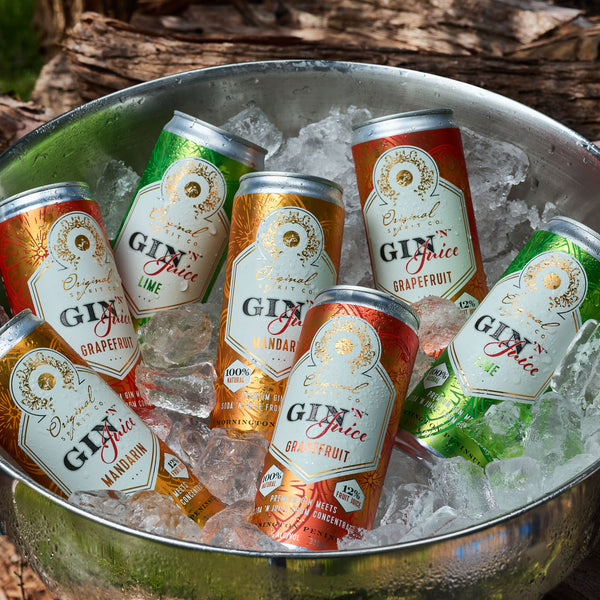 Cans of Gin N Juice sitting in a can of ice.