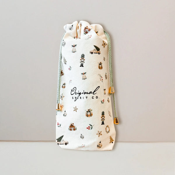 Christmas cotton canvas drawstring gift bag with classic Nordic design. Reusable cotton eco-friendly bottle bag for gin or spirits with Original Spirit Co branding.