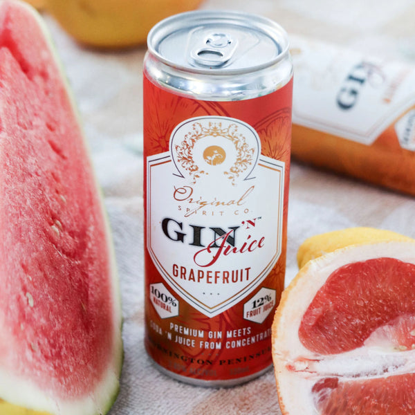 Can of Gin Grapefruit Gin N Juice with watermelon and grapefruit slices on a table.