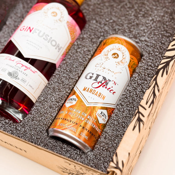 Close-up image of the Original Spirit Co. Mandarin Gin & Juice can within the Celebration Gift box
