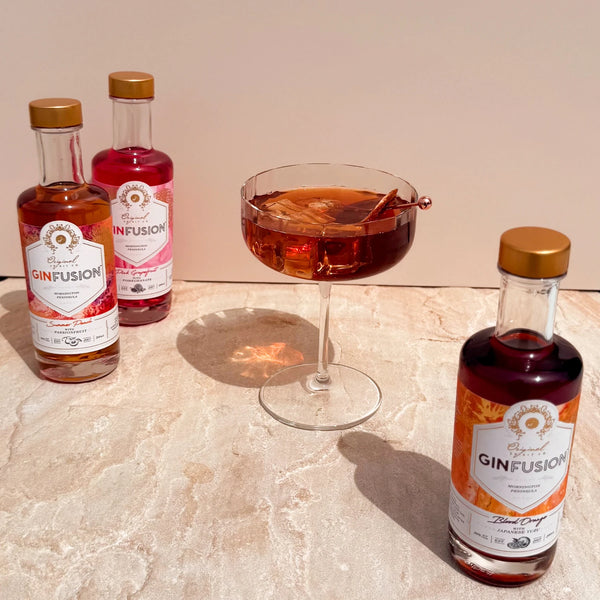 Mini 200ml bottles of GinFusion with a cocktail. 3 flavours - Blood Orange with Japanese Yuzu, Summer Peach with Passionfruit and Pink Grapefruit with Pomegranate.