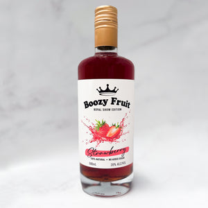 A bottle of Boozy Fruit Strawberry Vodka.