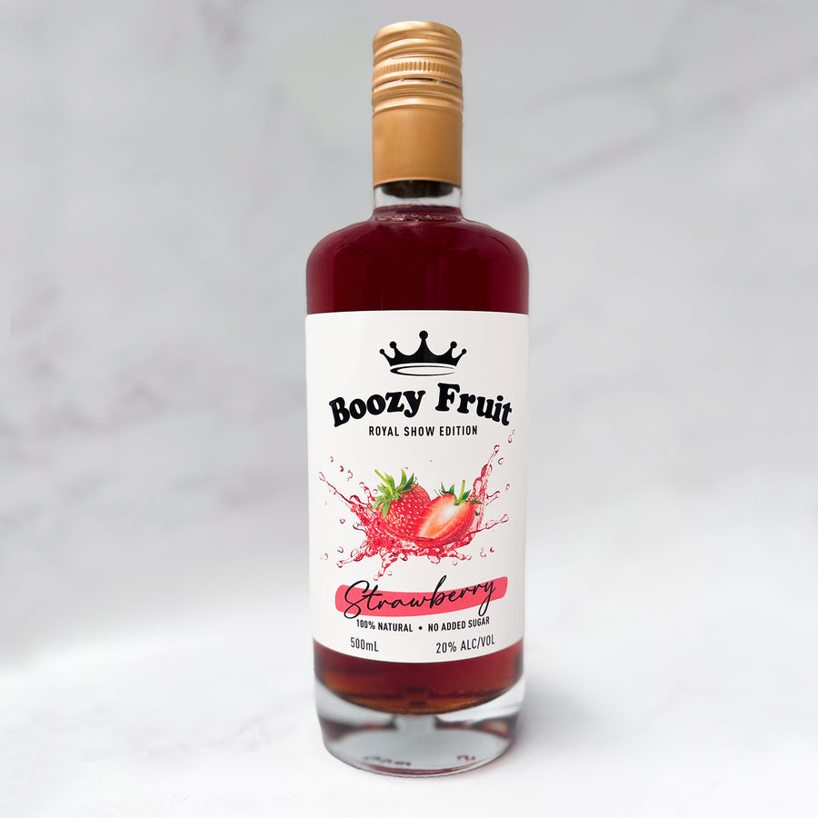 A bottle of Boozy Fruit Strawberry Vodka.