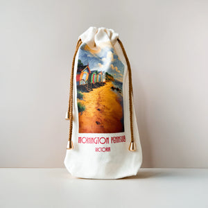 Cotton canvas drawstring gift bag with painted Mornington Peninsula beach shacks design. Reusable cotton eco-friendly bottle bag for gin or spirits with Original Spirit Co branding.
