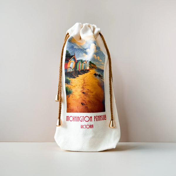Cotton canvas drawstring gift bag with painted Mornington Peninsula beach shacks design. Reusable cotton eco-friendly bottle bag for gin or spirits with Original Spirit Co branding.