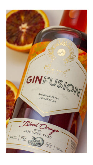 Close up image of the label from a GinFusion Blood Orange with Japanese Yuzu